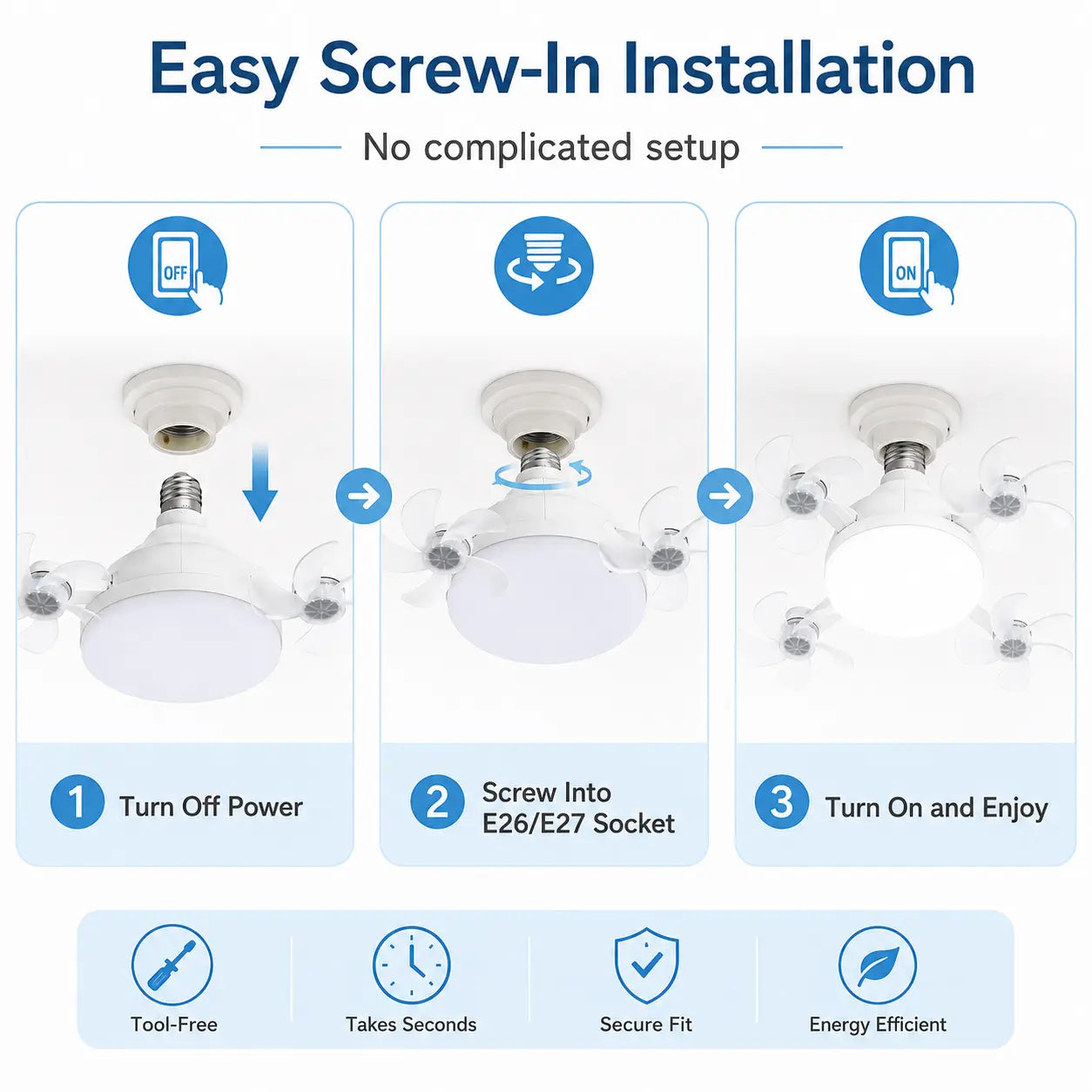 Ruxacty Screw in Ceiling Fan Light with Remote Control 19.7 Inch Foldable LED Socket Fan Light E26 Medium Base Ceiling Fan with 4 Fan Blades Quiet Airflow Bright Lighting Easy Installation for Bedroom Kitchen Garage Office and Dorm