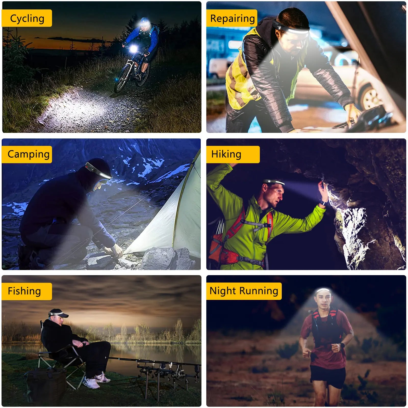 Rechargeable LED Headlamp Set of 3, 230° Wide Beam with Motion Sensor - Waterproof Headlight for Outdoor Activities such as Camping, Hiking, Running, Repairing, Fishing, and Cycling