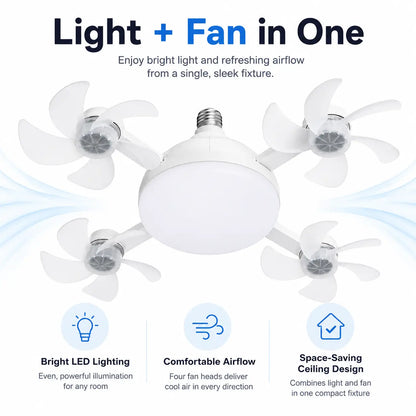 Ruxacty Screw in Ceiling Fan Light with Remote Control 19.7 Inch Foldable LED Socket Fan Light E26 Medium Base Ceiling Fan with 4 Fan Blades Quiet Airflow Bright Lighting Easy Installation for Bedroom Kitchen Garage Office and Dorm