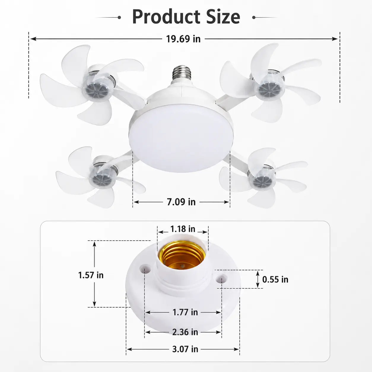 Ruxacty Screw in Ceiling Fan Light with Remote Control 19.7 Inch Foldable LED Socket Fan Light E26 Medium Base Ceiling Fan with 4 Fan Blades Quiet Airflow Bright Lighting Easy Installation for Bedroom Kitchen Garage Office and Dorm