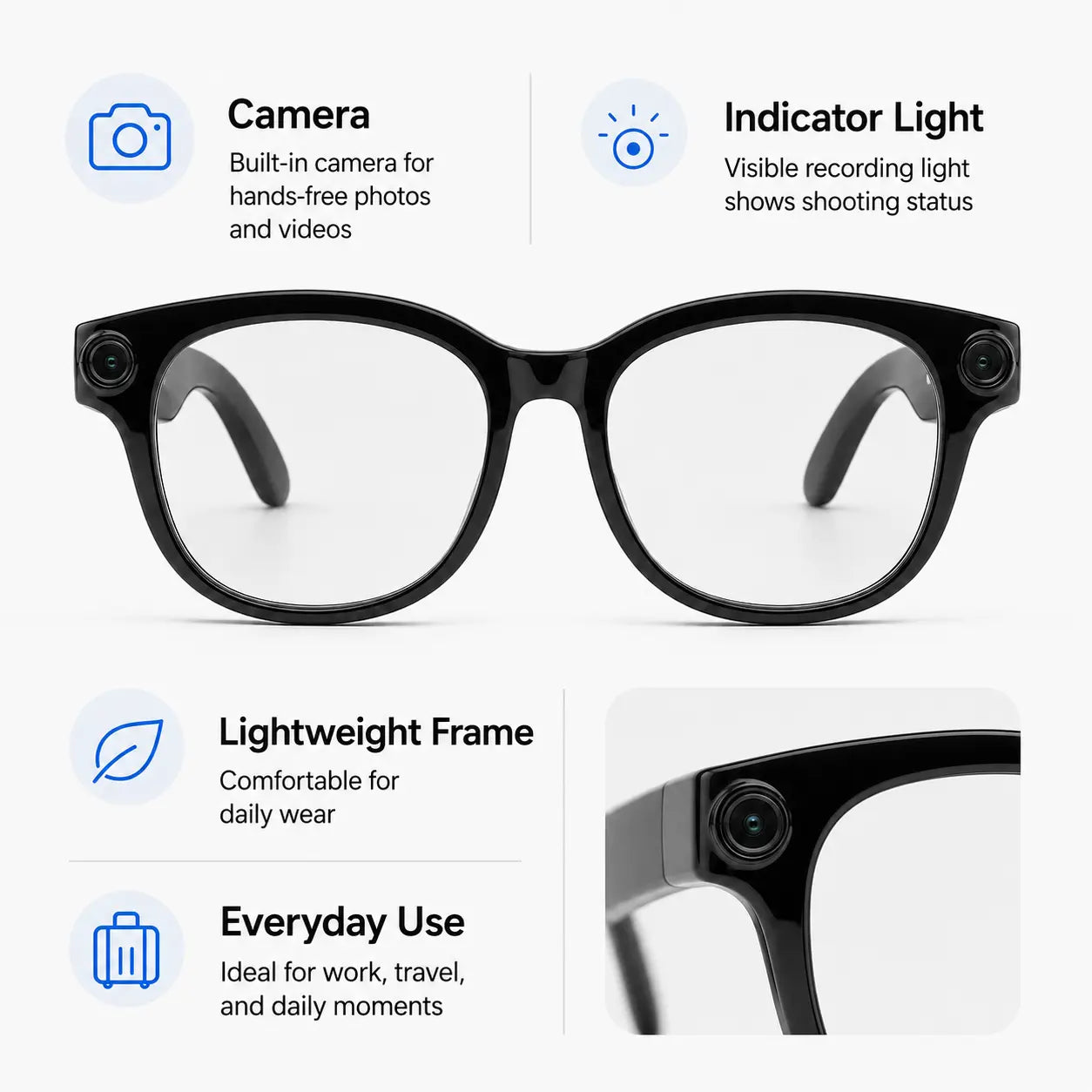 Y-AI Smart Glasses with Translation, 8MP Camera, Real-Time Recording, Wireless Calling and Voice Assistant